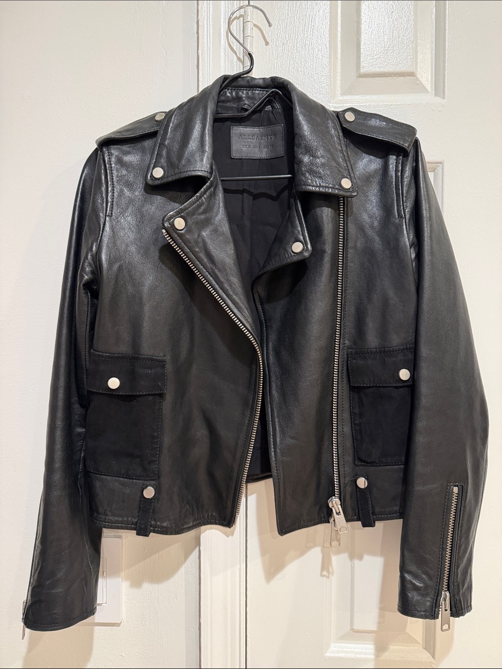 AllSaints Black Leather Biker Jacket with Silver Hardware